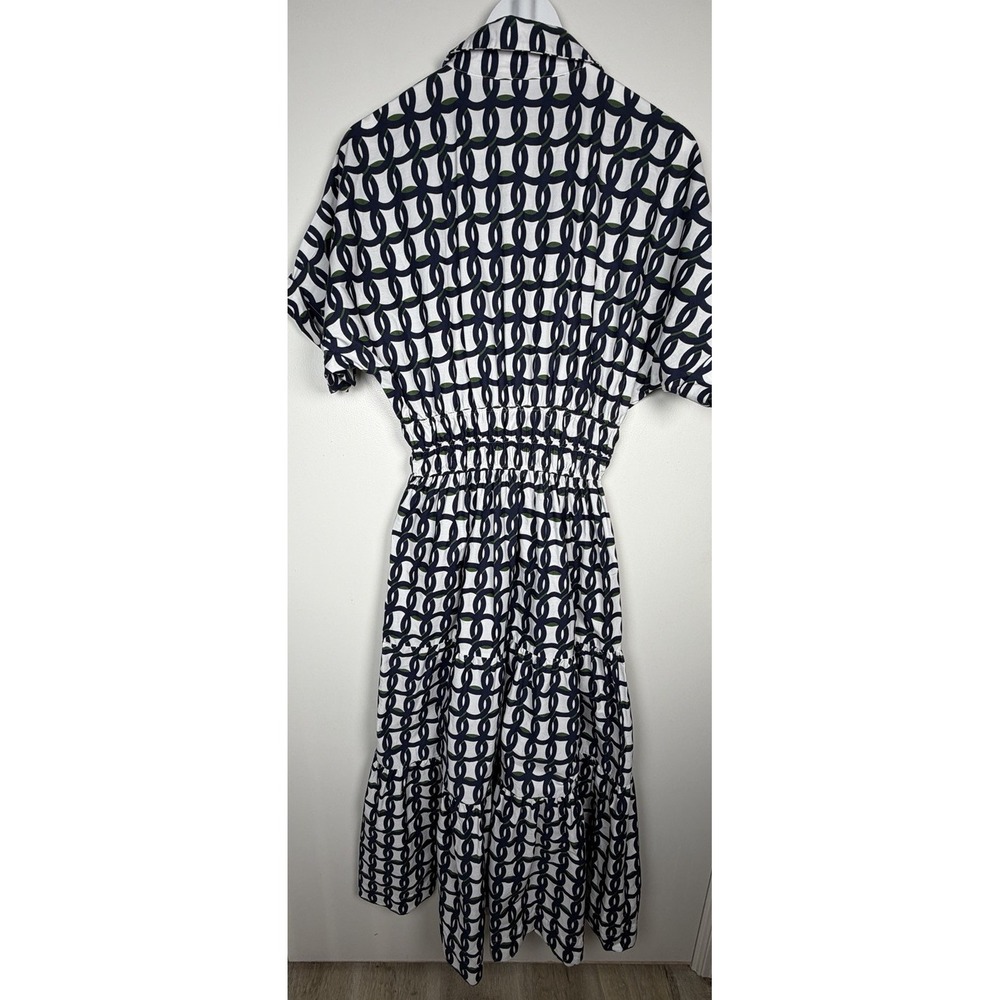 Anthropologie The Somerset Maxi Dress Shirt Navy & White Geometric Smock Waist S - Picture 4 of 13